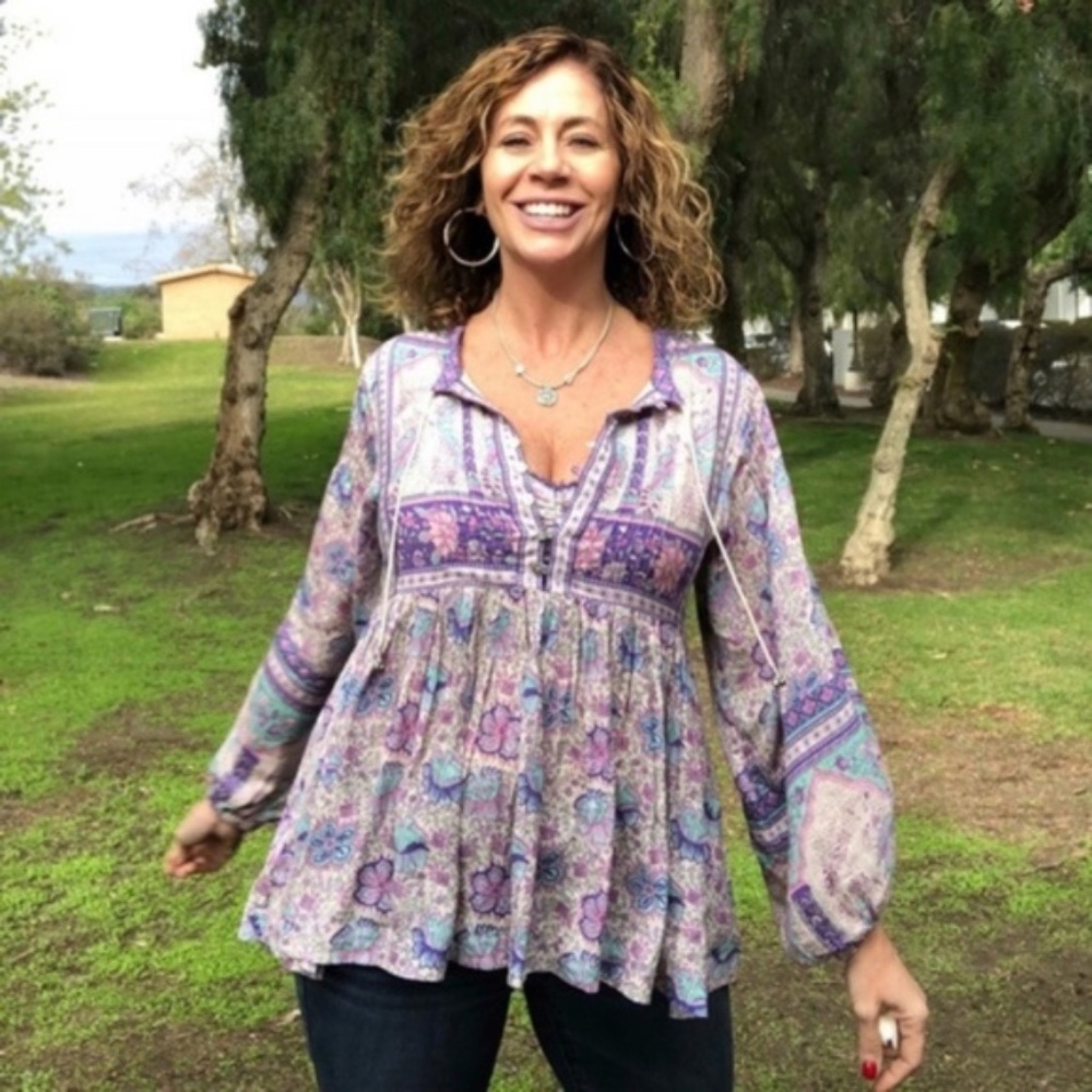 Boho gypsy button purple tie Balloon Sleeve Blouse - Picture 2 of 4